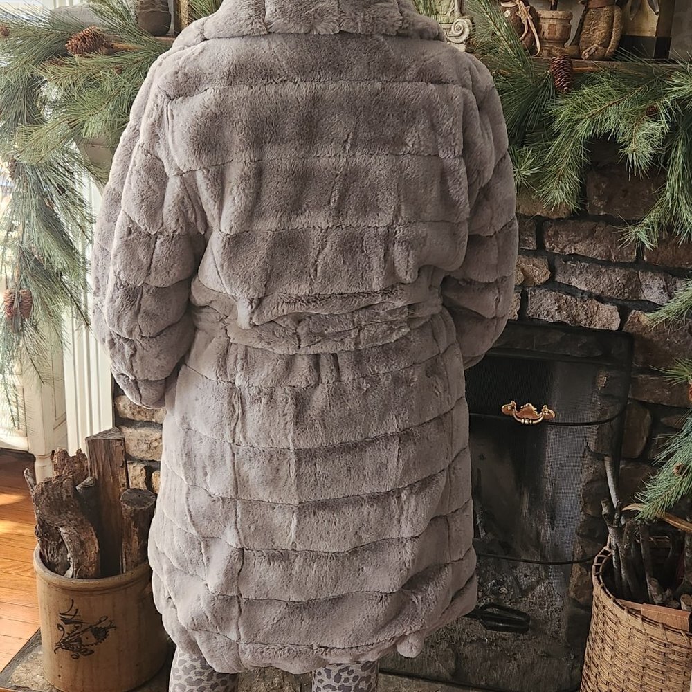 Kenneth Cole Grooved Faux Fur Belted Coat - Picture 2 of 7